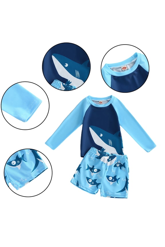 2PCS Sets Baby Kids Boys Cartoon Bathing Suit Summer Long Sleeve Swimsuits Tops and Shorts Outfit Toddler Sun Protection Swimwear for 2-7 Years