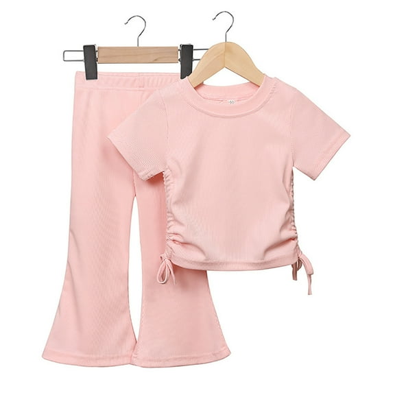 WOLLED 2Pcs Girls Summer Tees Outfit for Kids Casual T Shirt Flare Leggings Set Toddler Lacing Short Sleeve Tees Outfit For1-10Y