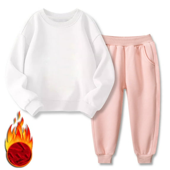 WOLLED 2Pcs Girls Sweatsuit Outfit Kids Toddler Fleece Sweatpants Sports Two-Piece Suit 1-12Y Baby Autumn Winter Warm Sweater Set