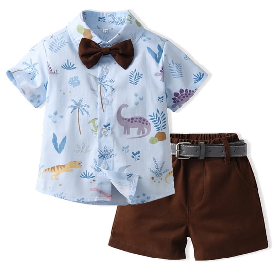 WOLLED 2Pcs Toddler Baby Boys T-Shirt Outfit Kids Tees Set Summer Fashion Print Lapel Buttons T-Shirt +belt Shorts Set 3M-5Y Baby Cotton Casual Tees Outfit