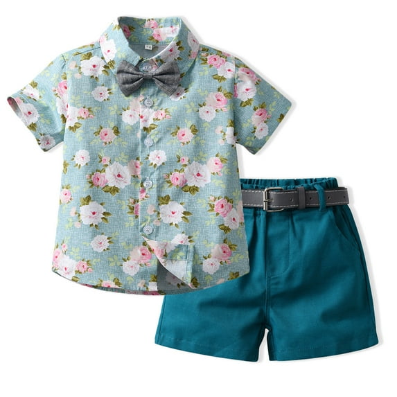 WOLLED 2Pcs Toddler Baby Boys T-Shirt Outfit Kids Tees Set Summer Fashion Print Lapel Buttons T-Shirt +belt Shorts Set 3M-5Y Baby Cotton Casual Tees Outfit