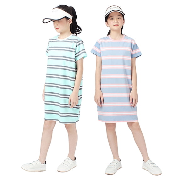 WOLLED 4-12Y Toddler Dresses Teen Streak T-Shirt Sundress Girls Round Neck Cotton Dresses Kids Tunic Shirt Sundress T-Shirt