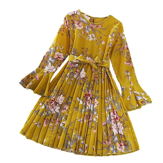 WOLLED 5-12T Kids Toddler Girls Long Sleeve Floral Dress Pleated Swing Casual Midi Dress