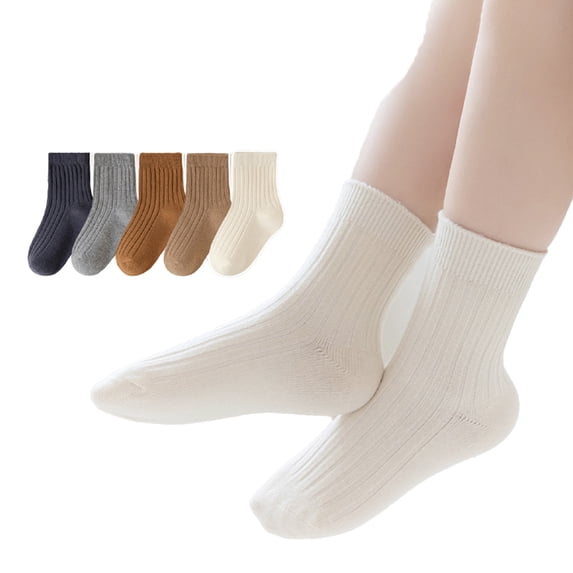 WOLLED 5 Pairs Kids Toddler Knitted Cotton Socks baby Boys Girls Candy Color Student Mid-Calf Socks for 1-12Y