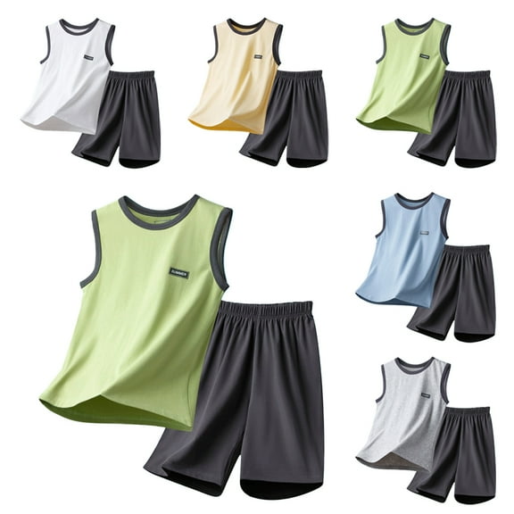 WOLLED 6-19Y Big Kids Summer Camisole Outfit Boys Girls Thin Cotton Tank +short Set Teen Casual Vest Set
