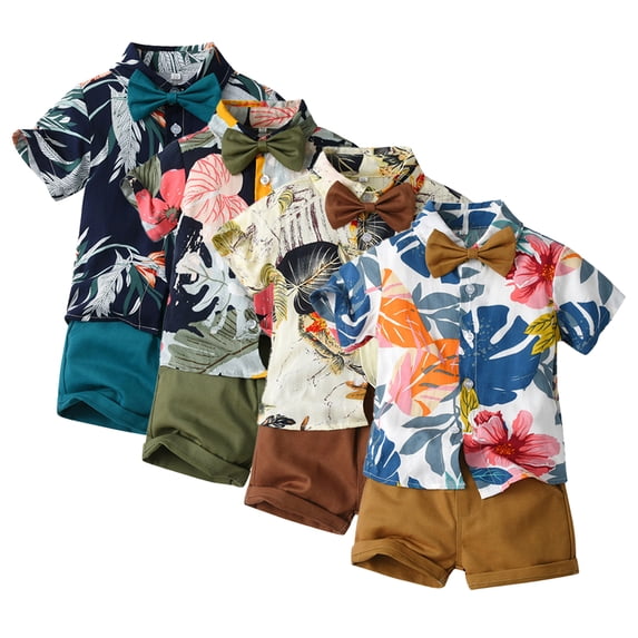 WOLLED 6M-6Y Baby Boys Summer Floral Beach Short Set Short Sleeve Bowtie Turn-Down Collar Shirts Tops Casual Shorts Pants 2PCS Beach Casual Suit for Infant Toddler