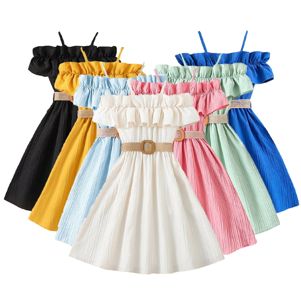 WOLLED 812T Girls Summer Casual Dress for Kids off Shoulder Ruffle