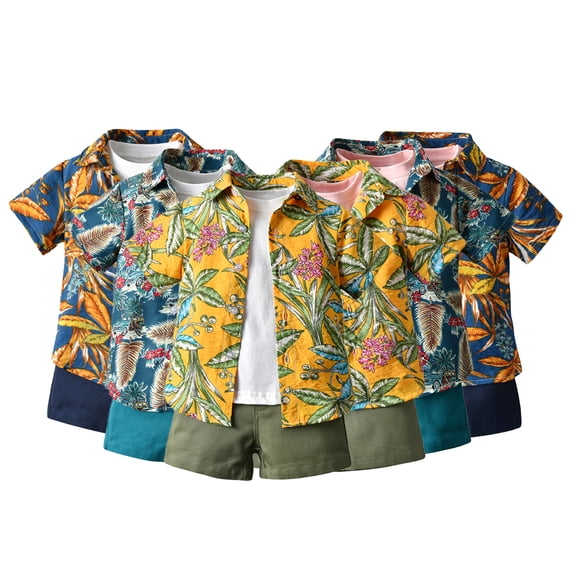 WOLLED 9M-5Y Baby Boys Hawaiian Shirt and Shorts Set for Infant Newborn 3PCS Summer Short Sleeve Button down Shirts Shorts Outfit