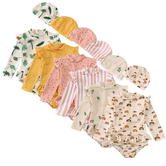 WOLLED 9M-8Y Baby Newborn Girls One Piece Swimsuits Toddler Kids Long Sleeve Rash Guard Swimwear UPF 52+ Sun Protection Bathing Suits with Hat