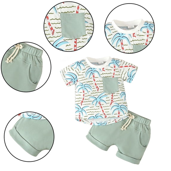 WOLLED Baby Boys Short Sleeve T Shirt Tops Shorts Set Newborn Casual Prints Shorts Outfits with Pocket 2PCS Summer Elastic Drawstring Shorts Set for 0M-3T