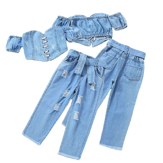 WOLLED Baby Girls Denim Off-Shoulder Crop Tops+high Waist Ripped Jeans Pants 2PCS Toddler Summer Distressed Denim Pants Jeans Outfits for 2-7 Years Old