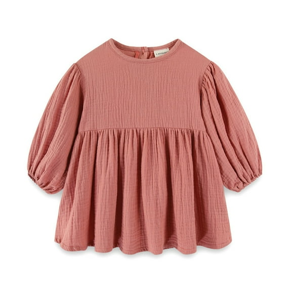 WOLLED Baby Girls Pullover Dresses Spring Casual Long-Sleeve Solid Color Dresses for Infant 1-6 Years Old Loose Back with Button Dresses for Kids