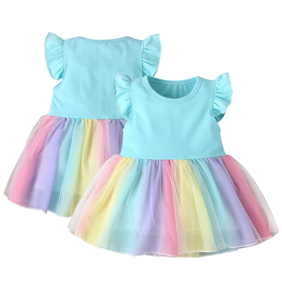 WOLLED Baby Girls Summer Rainbow Dresses Newborn Flutter Sleeve Casual Birthday Party Dress Princess Swing Twirly Sundress Skirt