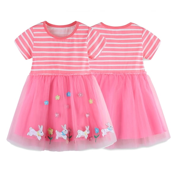 WOLLED Baby Girls Summer Short Sleeve Tulle Dress Toddler Casual Cotton Dressed Stripe Party Tutu Sundress Skirt for Kids Toddler 2-7 Years Old