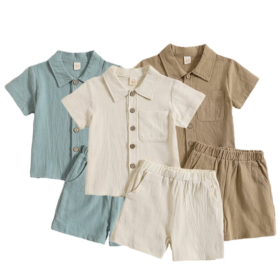 WOLLED Baby Infant Boys Cotton Linen Shorts Set Solid Color Short Sleeve Button down T-Shirt Tops and Shorts Summer Outfit Clothes for 6M-4T