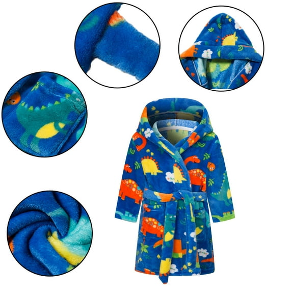 WOLLED Baby Kids Cartoon Dinosaurs Bathrobe for Boys Flannel Fuzzy Bath Towel Robes Hooded Fuzzy Bath Towel Fleece Cotton Robes 2-12T