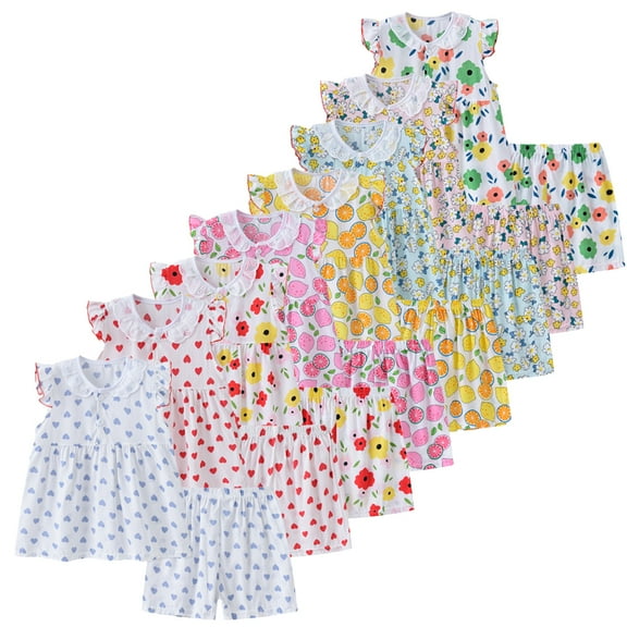 WOLLED Baby Kids Girls Cotton Pajama Set Soft Printed Short Sleeve Sleepwear Tops 2PCS Outfit Toddler Crewneck Jammies Loungewear for 9M-4 Years