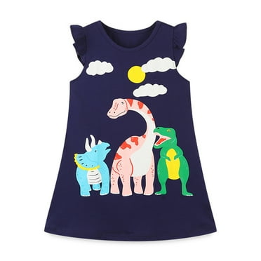 WOLLED Baby Kids Girls Crewneck Dresses,Summer Causal Dinosaur Print Dresses for 2-8 Years Old