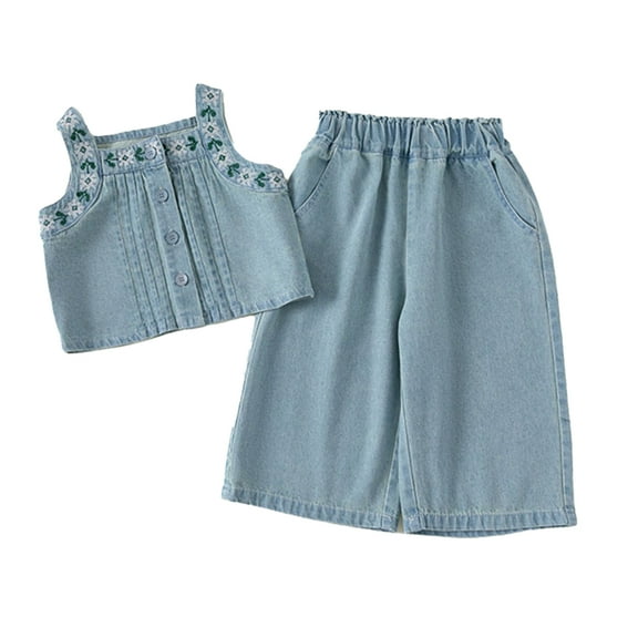 WOLLED Baby Kids Girls Denim Outfit Toddler Cotton Tank Tops and Long Dresses 2PCS Summer Printed Set for 12m-8 Years
