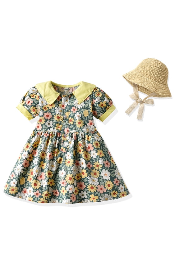 Baby Newborn Girls Lape Floral Dress Toddler Summer Princess Dress Vintage Peter Pan Collar Dresses with Hat