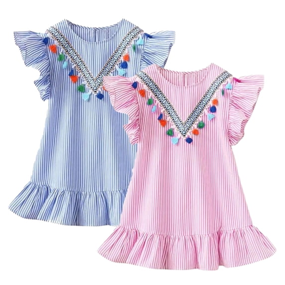 WOLLED Baby Toddler Girl Summer Striped Dress Linen Ruffle Sleeveless Casual Dresses Kids Summer Sundress Beach Onesies Skirt for 1-8 Years Old