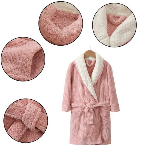 WOLLED Big Kids Thickened Flannel Robe Youth Facecloth Bathrobe Robe Boys Girls Fall Winter Warm Pajamas Plus Belt for Toddler 4-16+Y