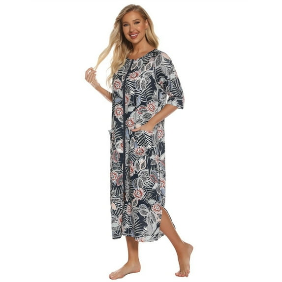 WOLLED Cotton Large Size Robe for Womens Casual Solid color Nightgowns Fall Winter Zipper Bathrobe Long-Sleeved V-neck Pajamas S-XXL