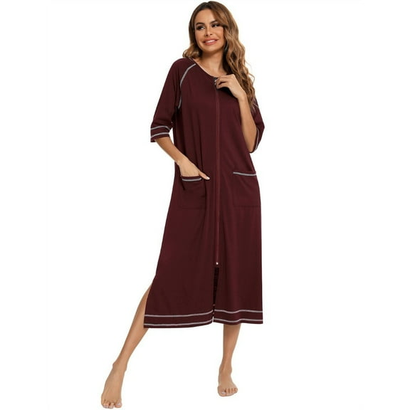 WOLLED Cotton Large Size Robe for Womens Casual Solid color Nightgowns Fall Winter Zipper Bathrobe Long-Sleeved V-neck Pajamas S-XXL