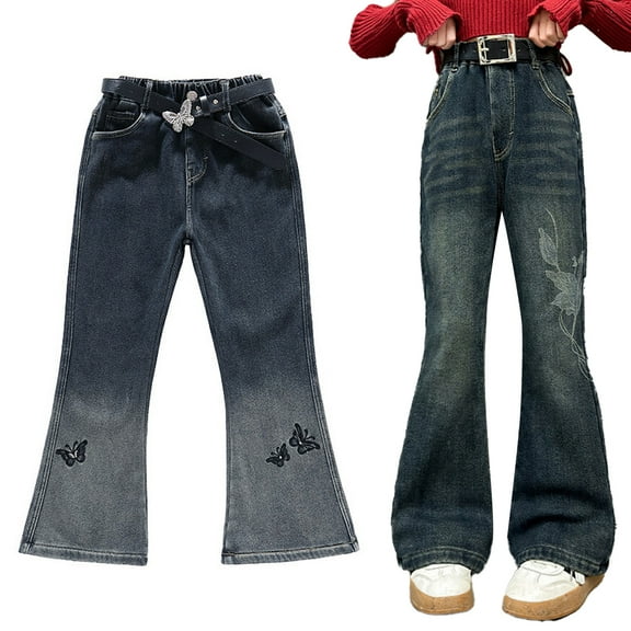 WOLLED Denim Flare Pants for Kids Girls Slim Fleece Jeans Pants Youth Butterfly Embroidery Denim Trousers for Spring Fall 5-15Y
