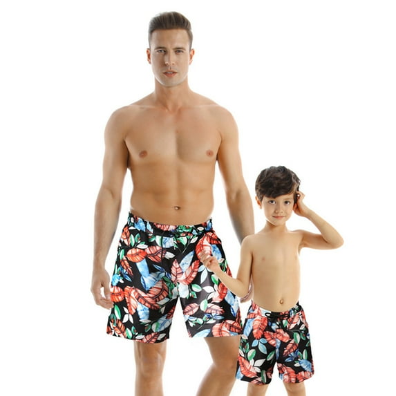WOLLED Family Matching Swimsuit Father and Son Floral Print Beachwear Pants Daddy and Me Swimming Elastic Shorts