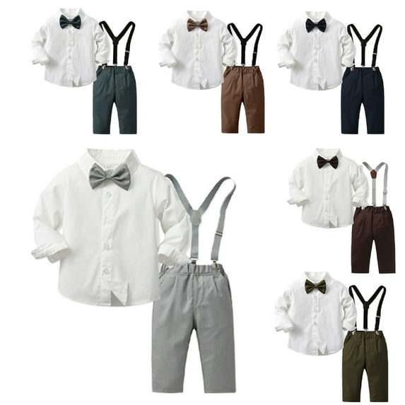 WOLLED Infant Boy Formal Clothes Gentleman 3PCS Outfits for Toddler 6M-12T Casual Pants with Detachable Suspenders Long Sleeve Shirts with Bow Tie Boys Clothes