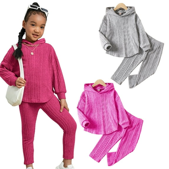 WOLLED Infant Toddler Girls Hooded 2 PCS Outfit Soft Solid Color Stretchy Suit Unisex Baby Cotton Baby Girls Long-Sleeve Top + Pants for 1-8 Years
