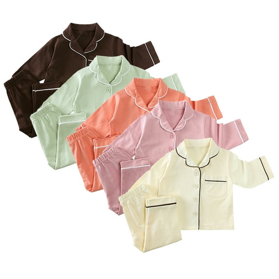 WOLLED Kids Baby Boys Cotton Pajama Set Button down Long Sleeve Sleepwear Tops 2PCS Outfit Toddler V-Neck Jammies Loungewear for 12m-5 Years