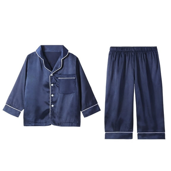 WOLLED Kids Baby Boys Girls Silk Pajama Set Button down Stain Long Sleeve Sleepwear Tops 2PCS Outfit Toddler V-Neck Jammies Loungewear for 1-10 Years