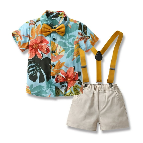 WOLLED Kids Baby Boys Short Sleeve T-Shirt Outfit 2PCS Toddler Summer Shirt with Bowtie and Shorts Set for 3 Months-6 Years