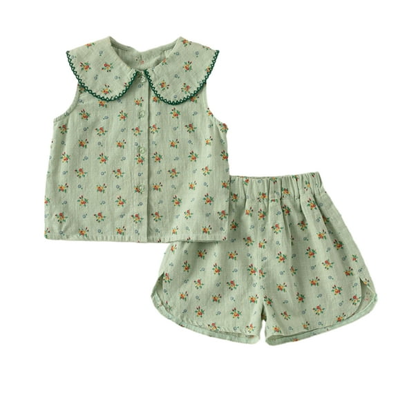 WOLLED Kids Baby Girls Buttons Outfit Toddler Cotton Floral Short Sleeve Shorts 2PCS Set for 1-6 T
