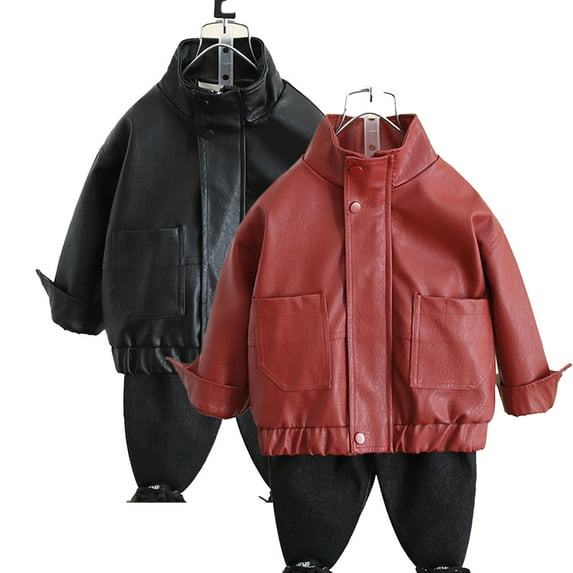 WOLLED Kids Boy's Leather Jacket 1-12Y Toddler Baby Solid Color Biker Coats Faux Motorcycle Leather Jacket