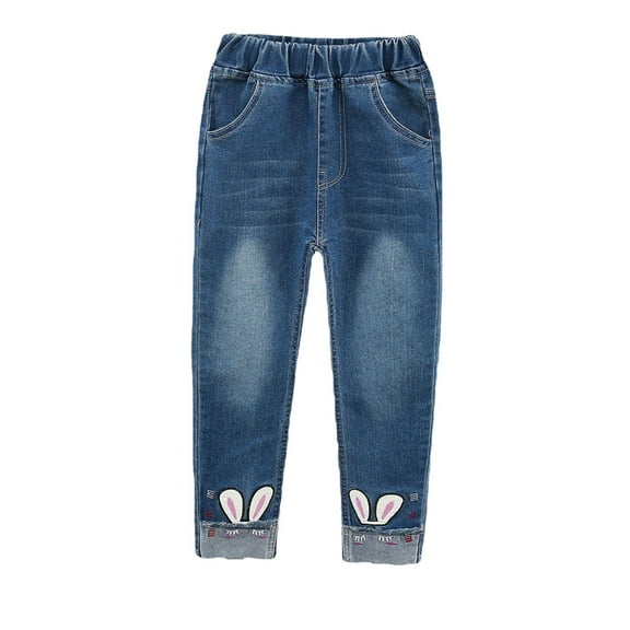 WOLLED Kids Girl Jeans Denim Embroidered Slim Jeans, Big Girls Elastic Waist Denim Bottom Pants Toddler Sweat Pants Wide Leg Baggy Trousers for 2-12 Years