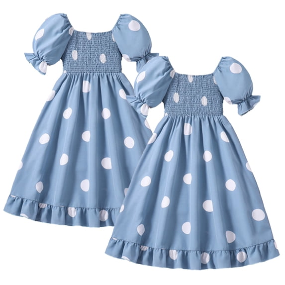 WOLLED Kids Girls Bubble Sleeve Dresses Pleated Polka Dot Dress Summer Beach A-Line Party Princess Skirt 8-12T
