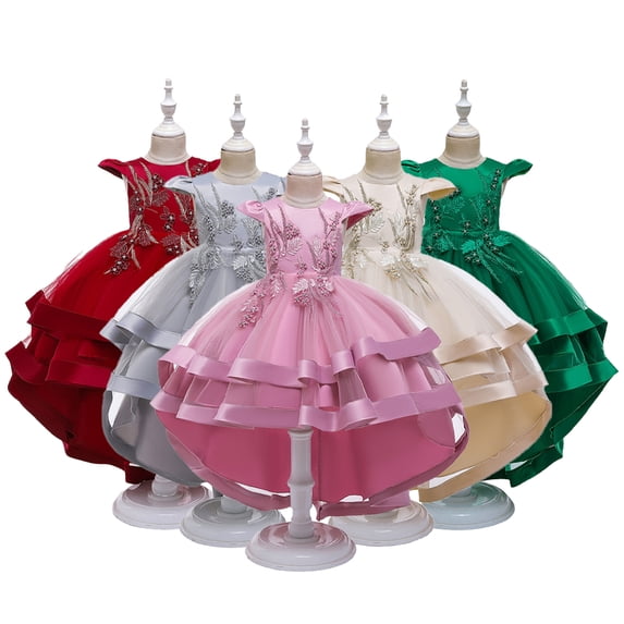 WOLLED Kids Girls Lace Princess Dresses Youth Embroidery Party Gown Toddler Bridesmaid Trailing Dress for 3-12 Years