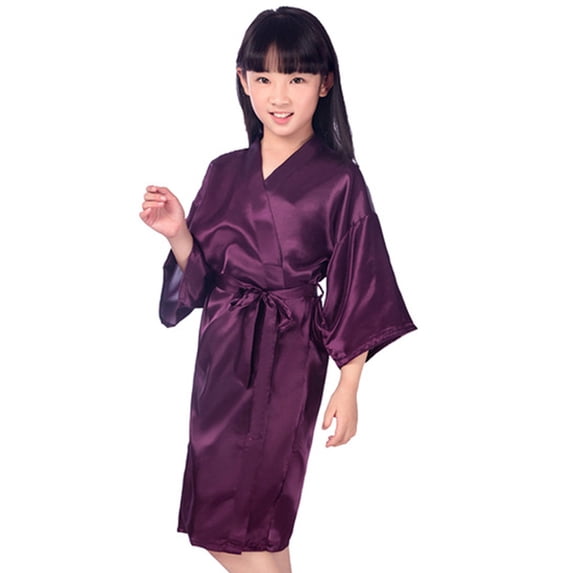 WOLLED Kids Girls Silky Satin Kimono Robe for Wedding Spa Party 2-14Y Toddler Baby Solid Color Short Kimono Bathrobe