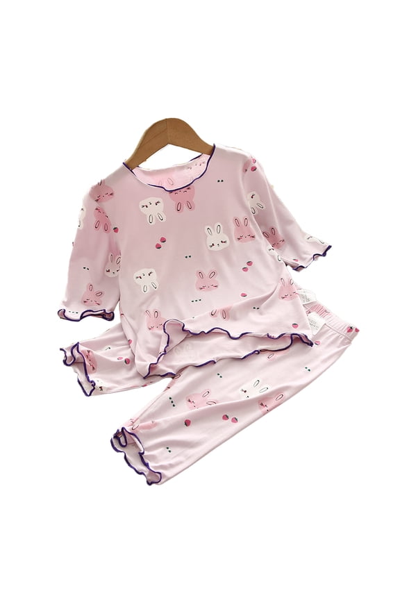 Kids Girls Summer Pajama Set Toddler Breathable Ice Silk Short Sleeve Sleepwear Outfit for 4-14Y