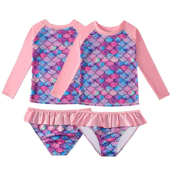 WOLLED Kids Girls Swimsuits Toddler Two Piece Rash Guard Set Long Sleeve Bathing Suit 4-9T Quick Dry Beach Surfing Liner Swimwear with Upf 50 Sun Protection