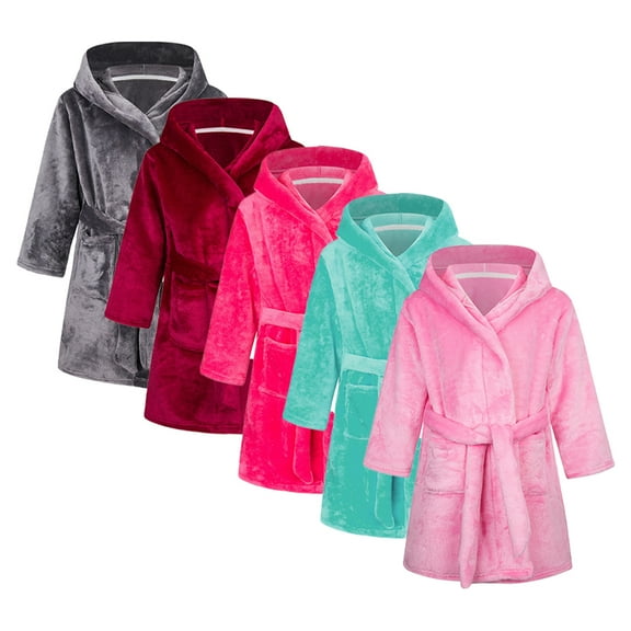 WOLLED Kids Solid color Bathrobe Boys Girls Hooded Velvet Night-Robe 2-8Y Toddler Flannel Robe Pajamas Single-Layer Double-Sided Soft Pjs Sleep