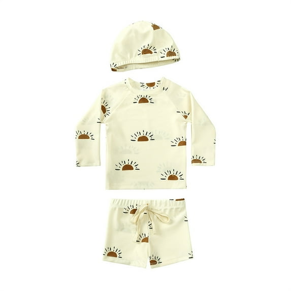 WOLLED Kids Toddler Boys Girls Swimwear Solid Color Long Sleeve Tops Striped Shorts Pants Cap Swim Beach Bathing Swimsuit 3PCS Set 9M-7Y