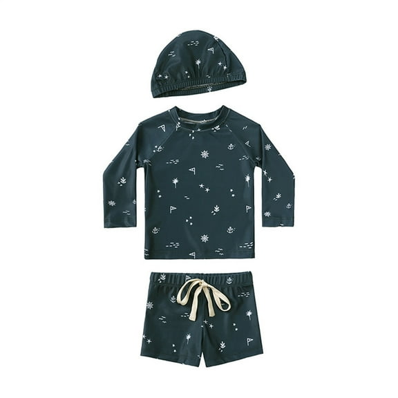 WOLLED Kids Toddler Boys Girls Swimwear Solid Color Long Sleeve Tops Striped Shorts Pants Cap Swim Beach Bathing Swimsuit 3PCS Set 9M-7Y