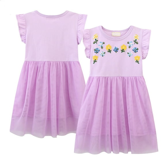 WOLLED Kids Toddler Girls Cotton Dresses Crewneck Mesh Princess Dress for Baby Short Sleeve Casual Sundress Dresses for 2-8 Years