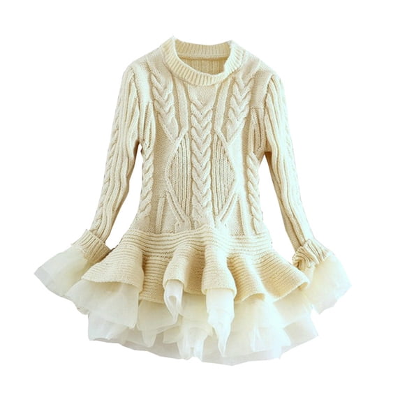 WOLLED Kids Toddler Girls Long Sleeve Tutu Dress Autumn Winter Knit Sweater Dress Little Girls Casual Skirt Round Neck Party Gown for 2-7Y