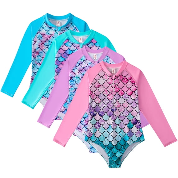 WOLLED Kids Toddler Girls One Piece Swimsuits 4-12T Long Sleeve Rash Guard Hawaiian Swim Shirts Upf 50+ Sun Protection Zipper Front Rashguard Swimwear Bathing Suit