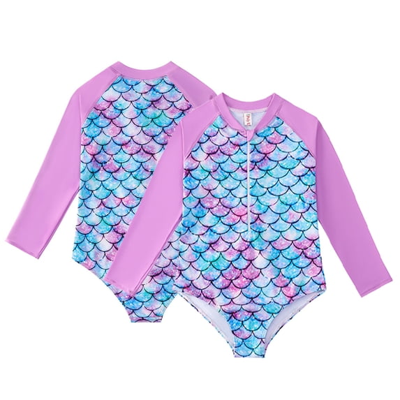 WOLLED Kids Toddler Girls One Piece Swimsuits 4-12T Long Sleeve Rash Guard Hawaiian Swim Shirts Upf 50+ Sun Protection Zipper Front Rashguard Swimwear Bathing Suit